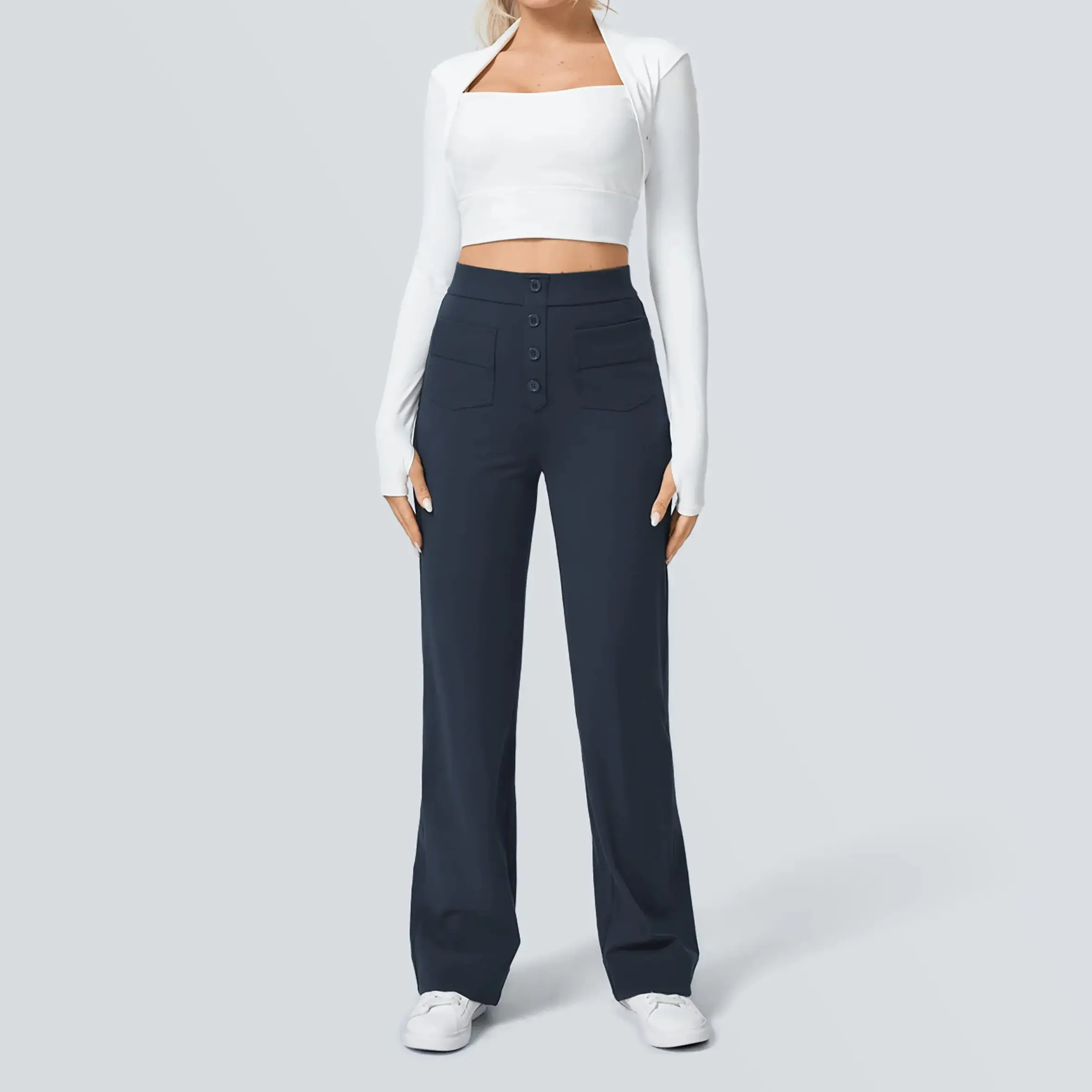 Women's High Waisted Straight Leg Pants, Button Front Business Casual Trousers with 2 Patch Pockets, Navy Blue Dress Pants for Women, Full Length Relaxed Fit Office Work Slacks, Elegant Commuter Pants for Meetings, Travel, Daily Wear and Fall Outfits
