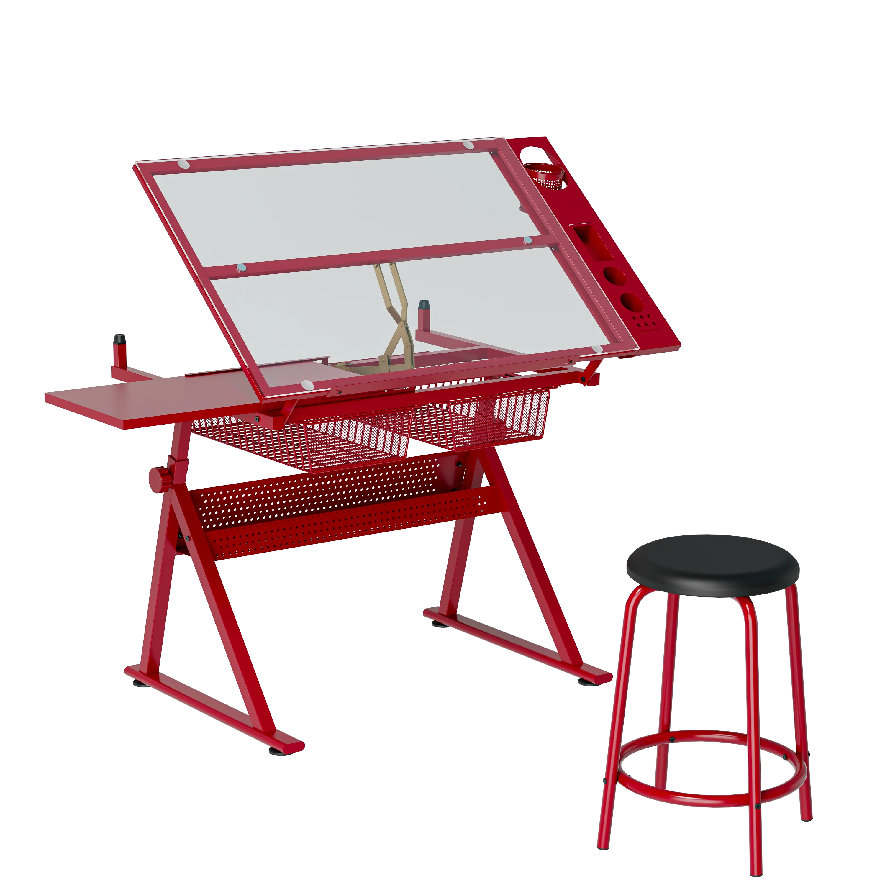 ARCH Adjustable Drafting Table with Stool, Red Tempered Glass Tiltable Desk 0-75°, Steel Frame, 2 Drawers, Side Storage Strip, for Home Office Art Drawing Craft Sewing, 23.62x40.15 in, Red Color Options, Steel Material, Product Dimensions: 23.62 W
