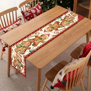 Christmas Table Runner, Gingerbread Doll Design, Polyester Material, Perfect for Winter Holiday Parties, Home Desktop Decoration