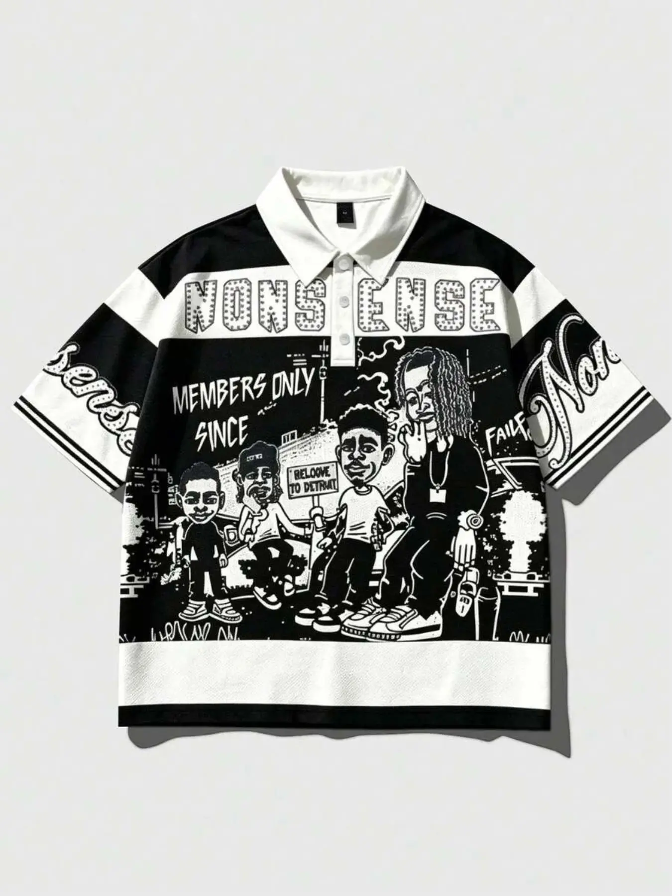 American high-street retro style polo shirt, Streetwear Collared, unisex, MEMBERS ONLY, black and white comic print, color-blocked striped collar T-shirt, breathable mesh fabric, loose fit, suitable for skateboarding