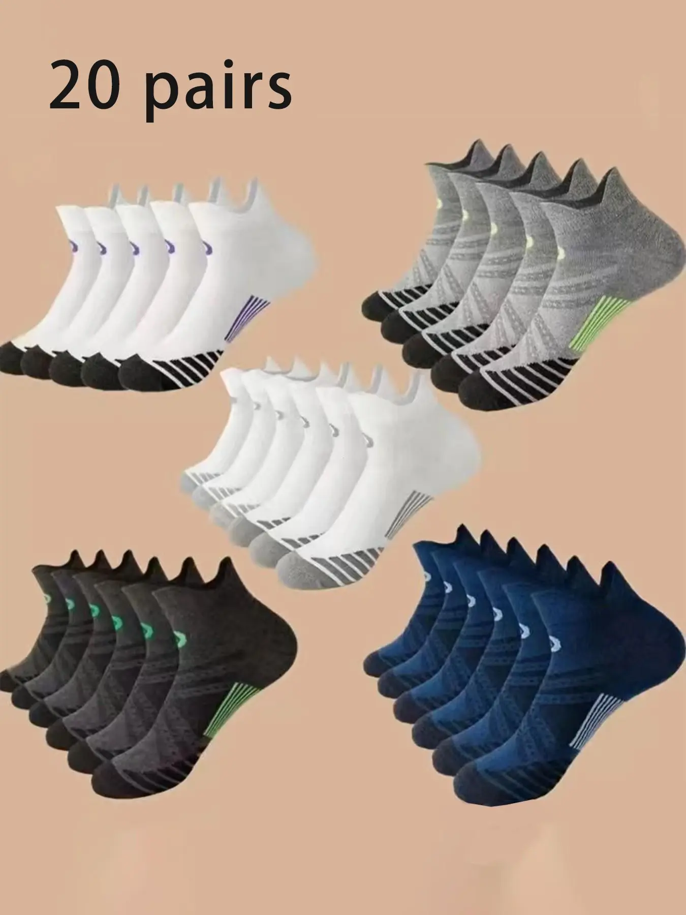 20 Pairs Men's Sporty Ankle Socks, Sweat-Wicking Running Socks, Basketball Socks, Outdoor Hiking, Non-Compression, Anti-Slip Heel
