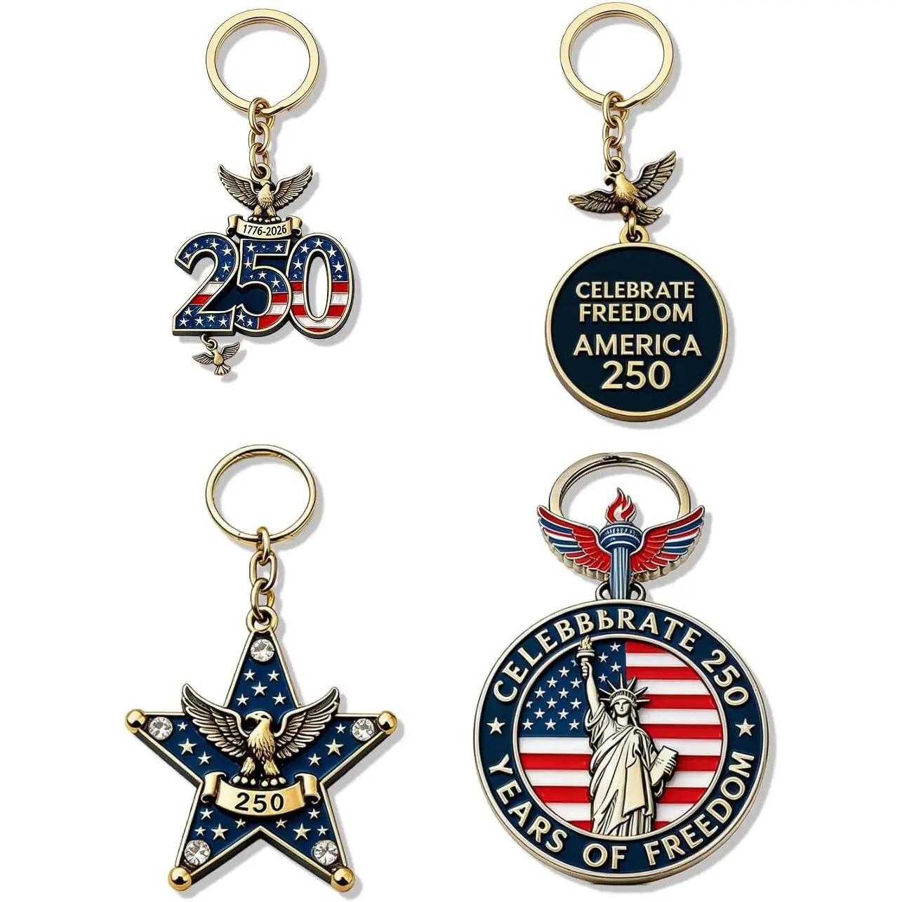 4Pcs USA 250th Anniversary Keychain American Flag Keychains Independence Day Military Remembrance Gift