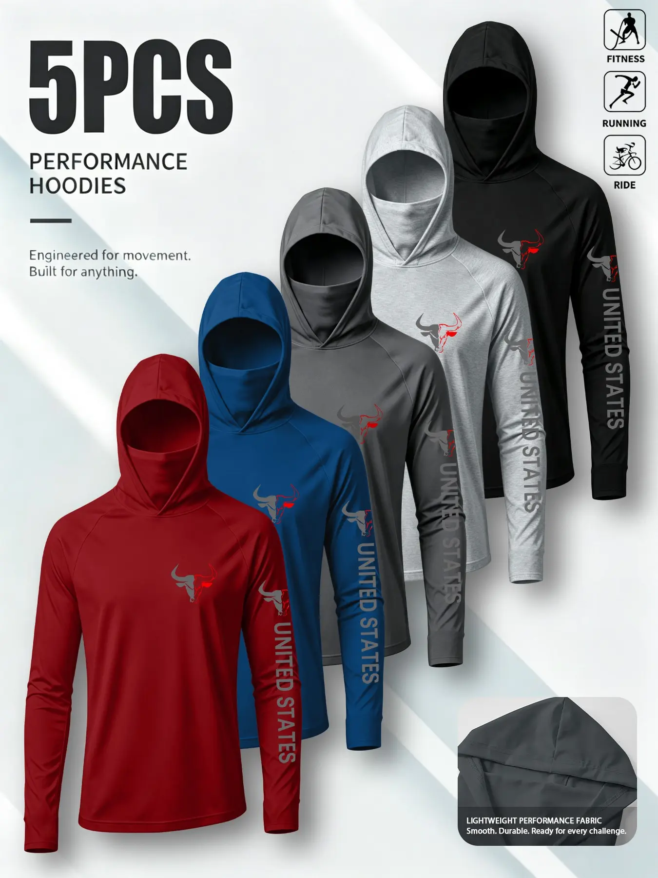 5-Pack Men's Hooded Sun Protection Quick-Dry Breathable Casual Sports Long Sleeve Shirts, Multi-Color Fitness Tops, Versatile Fashion