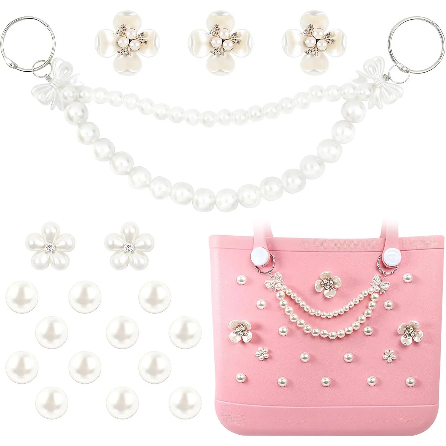 Charms for Bogg Bag, Pearls Flowers & Pearls Bow Chain for Bogg Bag, Compatible with Simply Southern Beach Bag Totes Accessories Charms , Pearl Bag Insert for Beach Tote Bag Birthday Favors (18 Pcs)
