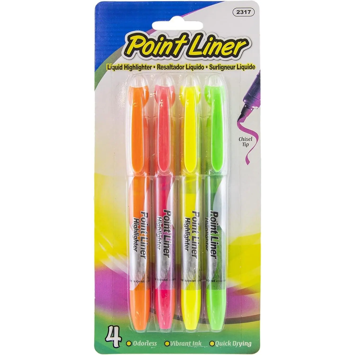 Pen Style Liquid Highlighters with Cushion Grip, 3 Per Pack (2317-24P) | chisel tip,  liquid-ink highlighters, see-through barrel shows ink level, , ASTM D-4236, odorless