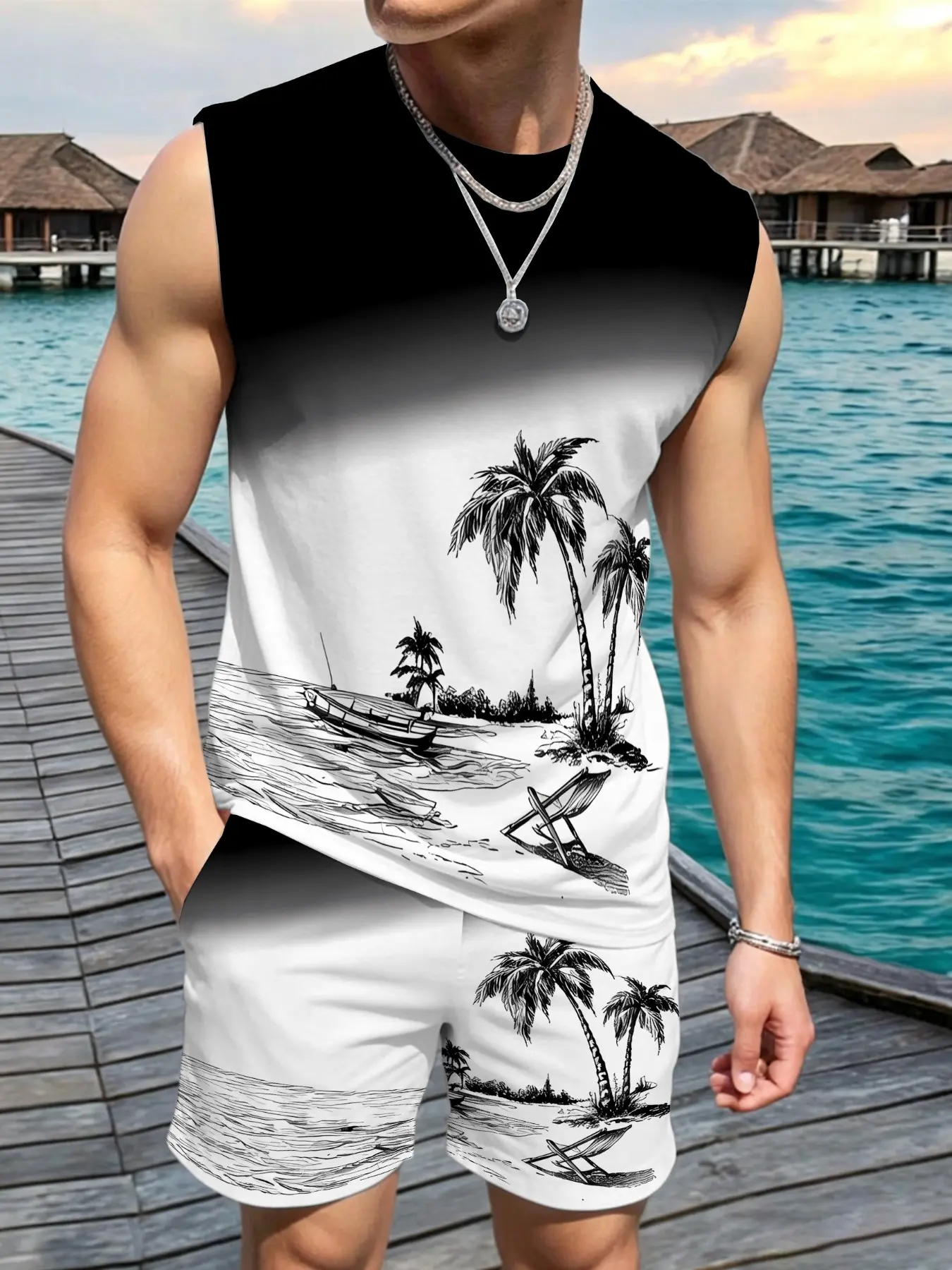 Men's Summer Tropical Gradient Coconut Tree Print Pattern Set, Sleeveless Fitted Tank Top & Shorts, Breathable Casual, 2-Piece Set