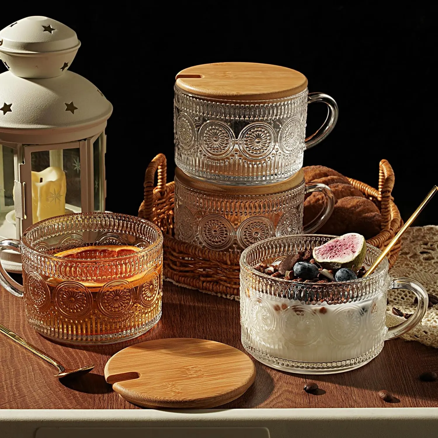 8-Piece Retro Vintage Boho Aesthetic Thick Glass Mug Set, Sunflower Hobnail Patterns, Bamboo Lids & Spoons, Tea Cups for Kitchen Tabletop Morning Routine Essential Drinkware, Irish, Round