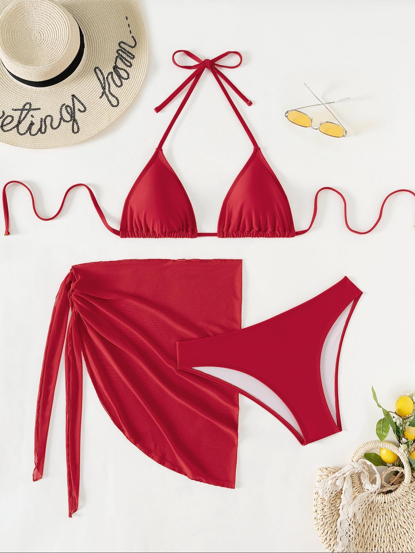 Three-Piece Set Women's Floral Print Bikini Set, Casual Halter Triangle Swim Bra & Swim Panty & Plain Knot Side Cover Up Skirt, 2024 Summer Swimsuit for Beach Vacation