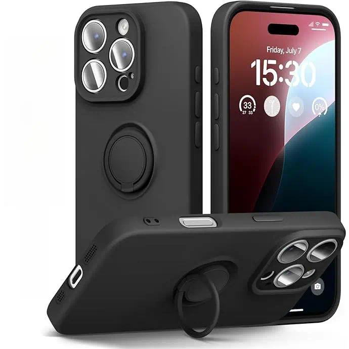 Phone Case for iPhone 16/15/14/13/12 Pro Max Plus Case with Ring Stand, Military Grade Drop Protection Liquid Silicone Slim Design Support Magnetic Car Mount, Shockproof Protective Phone Cases