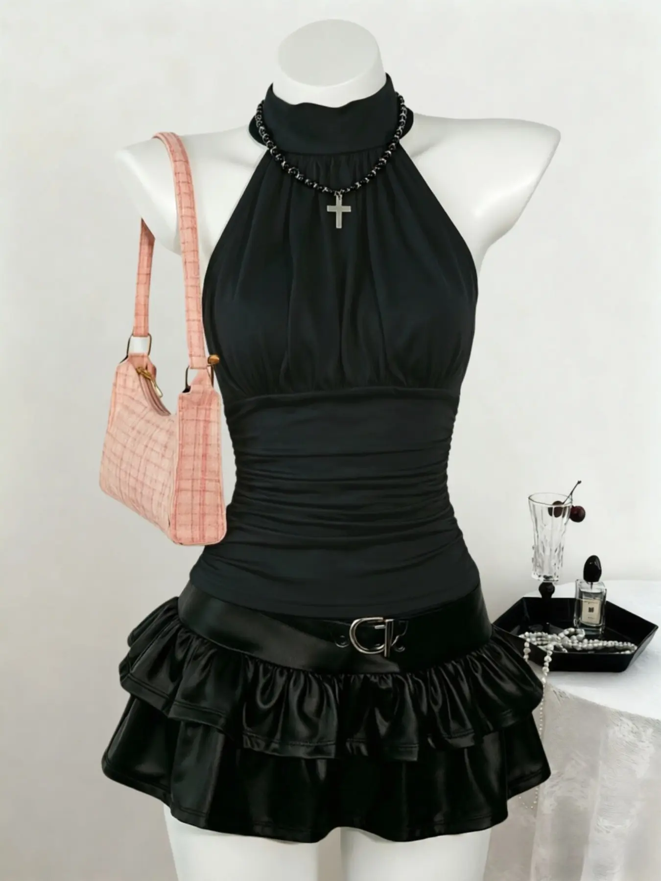Korean Style Simple Stand Collar Halter Sleeveless Vest, Elastic Fabric, Side Pleats, Body-Conforming Innerwear, Choose 1/3 Pieces
