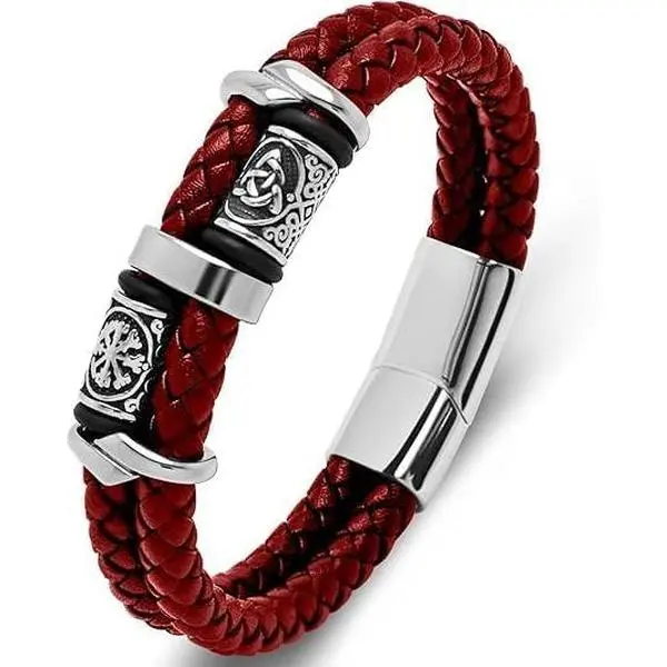 Mens Double Row Braided Leather Wristband Stainless Steel Beaded Double Layer Leather Cord Wristband Bangle  Bracelet  for Men