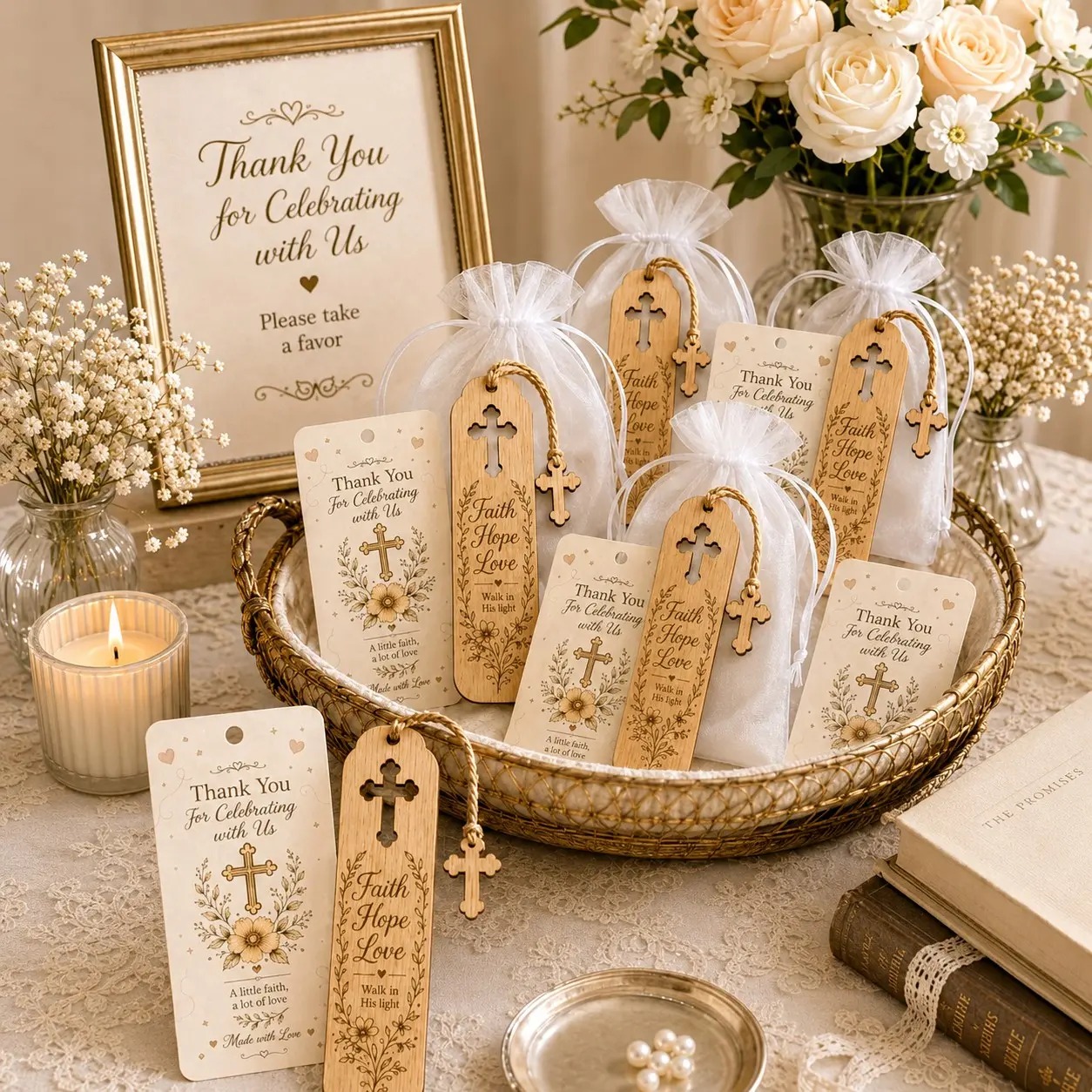 10/20sets Baby Shower Favors for Guests, Wooden Cross Bookmarks with Faith Hope Love Design, Cross Charm, White Organza Gift Bags and Thank You Cards, Baptism and Christening Favors, First Communion, Confirmation, Church and Christian Party Gifts