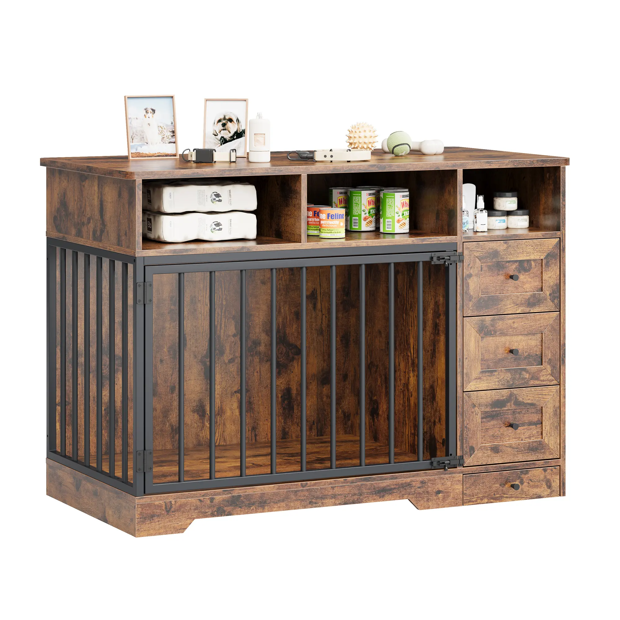 48 Inch Dog Crate Furniture with Bowl & Drawers, Farmhouse Medium Small Dog Kennel, Storage Crate Table for Dogs for Living Room, Entryway