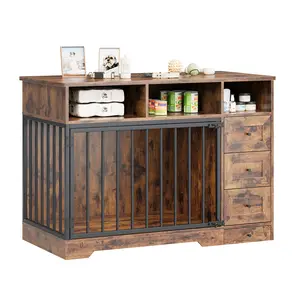 48 Inch Dog Crate Furniture with Bowl & Drawers, Farmhouse Medium Small Dog Kennel, Storage Crate Table for Dogs for Living Room, Entryway