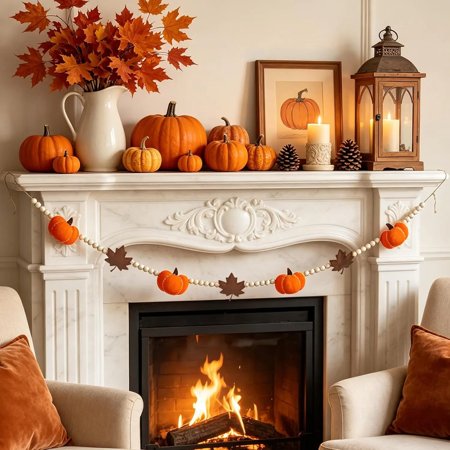 6.8 FT Felt Fall Pumpkin with Maple Leaves & Wood Beads - Thanksgiving Farmhouse Style Home Decor, Cozy Fall Decor for Home, Mantel, Fireplace, Shelf