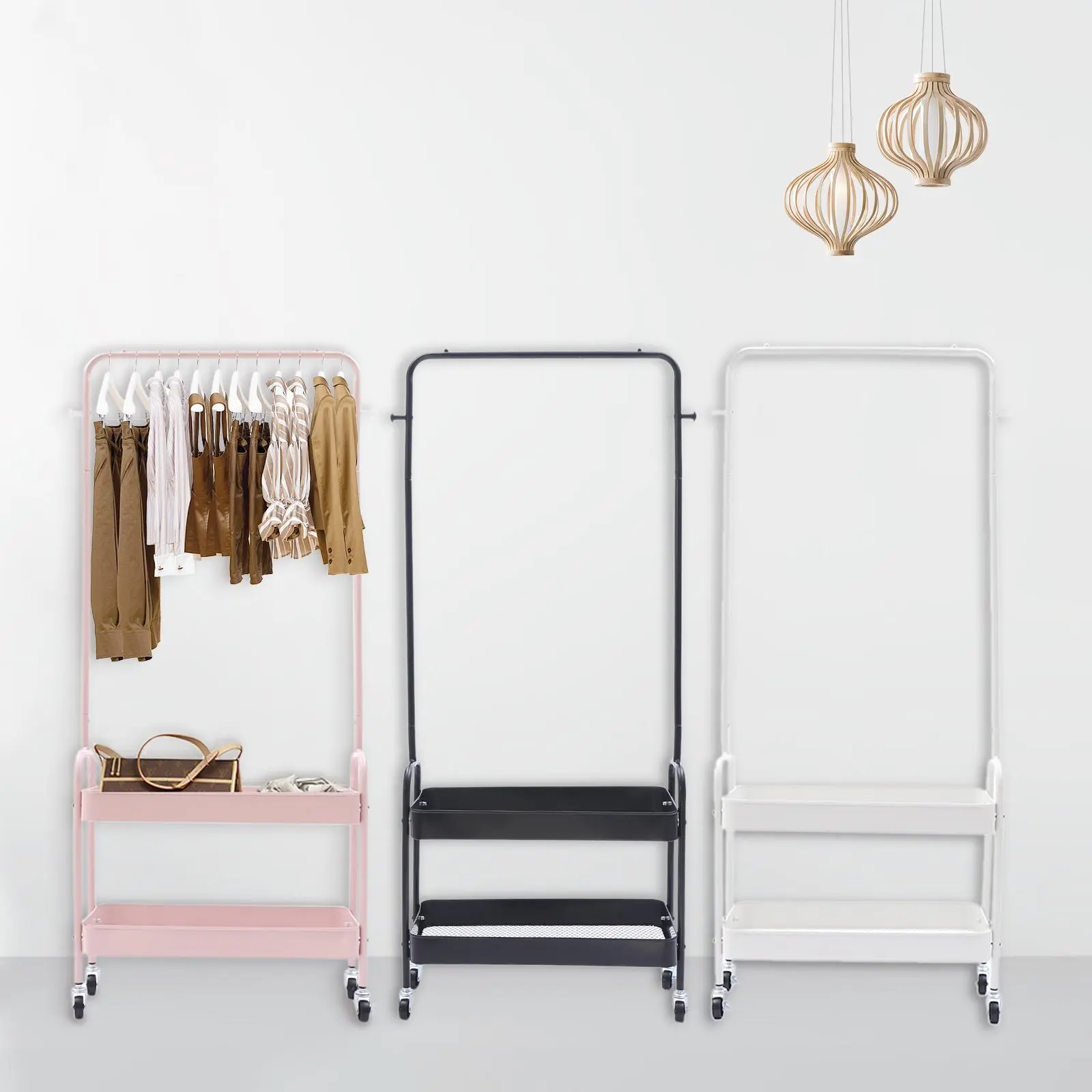 2-In-1 Steel Clothing Storage Garment Rack with 2-Tier Metal Basket, Rolling Storage Cart with 4 Wheels, Rectangle Standing Shelf Unit Coat Organizer (26.4*11.8*62.6in, White, Pink) for Home Bedroom