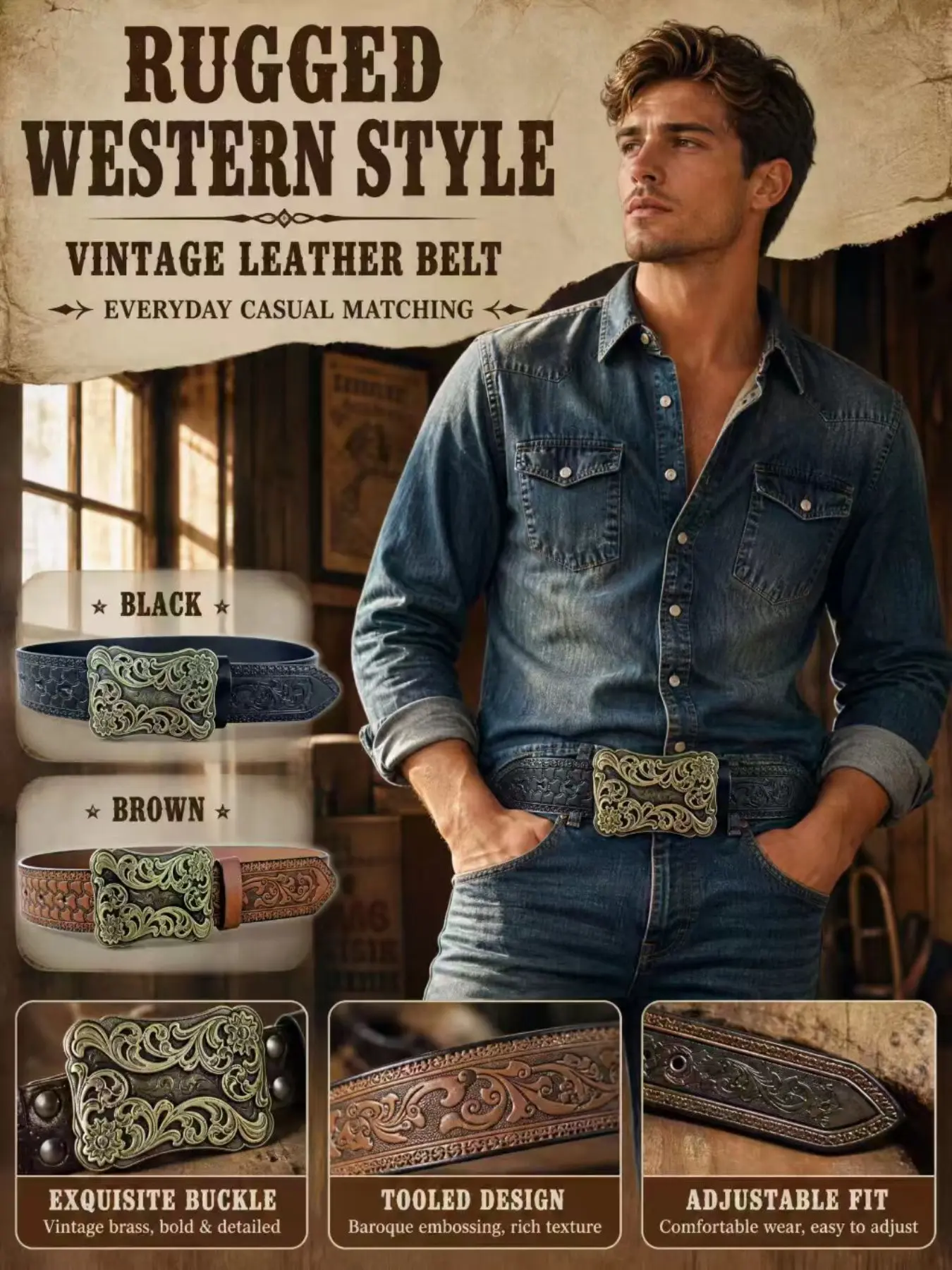 Vintage Western Style Eagle Alloy Buckle PU Belt for Men, Adjustable Casual Belt, Trendy Pressed Texture, Versatile Decorative Waistband, Durable Faux Leather Pants Strap