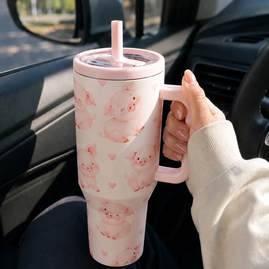 1PC 40oz/30oz Cute Pink Pig Heart Pattern Insulated Tumbler with Handle & Straw, Leak-Proof Lid, Double Wall Vacuum Stainless Steel Travel Mug, Hot 12H Cold 24H, Large Capacity Cup for Men and Women, Birthday Gift