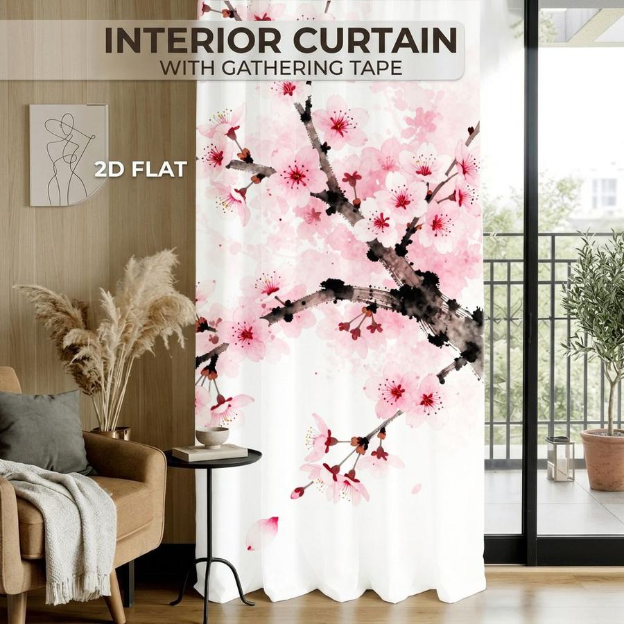 2 Pcs Japanese Style Cherry Blossom Pattern Sun Blocking Curtains Digital Printed Rod Pocket for Bedroom Office Kitchen Living Room Study Home Decor