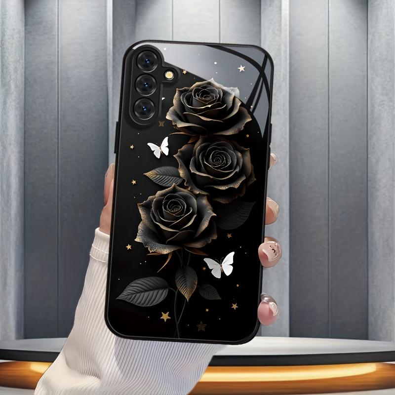 Black Rose White butterfly Glass PhoneCase suitable for Samsung Galaxy S26 S25 S24 S23 S22Pro S21 S20 Fe Plus Ultra Pro A56 A55 A54 A53 A52 A51 A36 A35 A34 A32 A26 A25 A24 A23 A16 A15 A14 A06 A05 A03s
