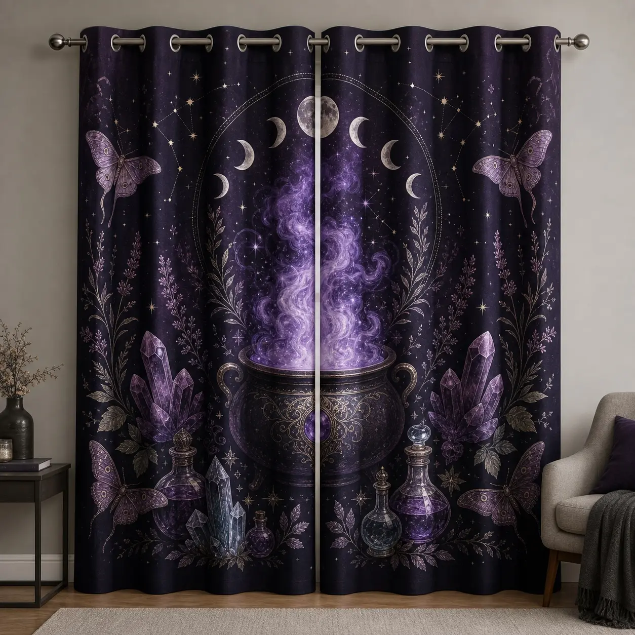 2-Panel Halloween Blackout Curtain Set, Purple Witchy Cauldron, Moon Phase, Crystal & Moth Print Grommet Drapes, Room-Darkening Privacy Curtains for Bedroom, Living Room & Gothic Home Decor