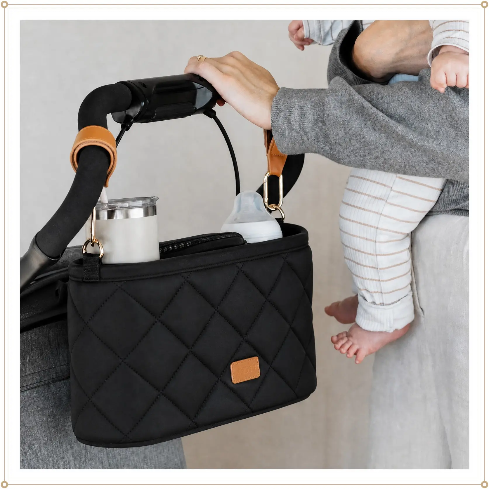 Beautiful Stroller Caddy Organizer With 2 Cup Holders – Luxury Stroller Bag, Universal Fit, Leather Straps & Zipper Pocket – Spacious Accessories Perfectly Fits Doona, Nuna & Uppababy Strollers(Gift)