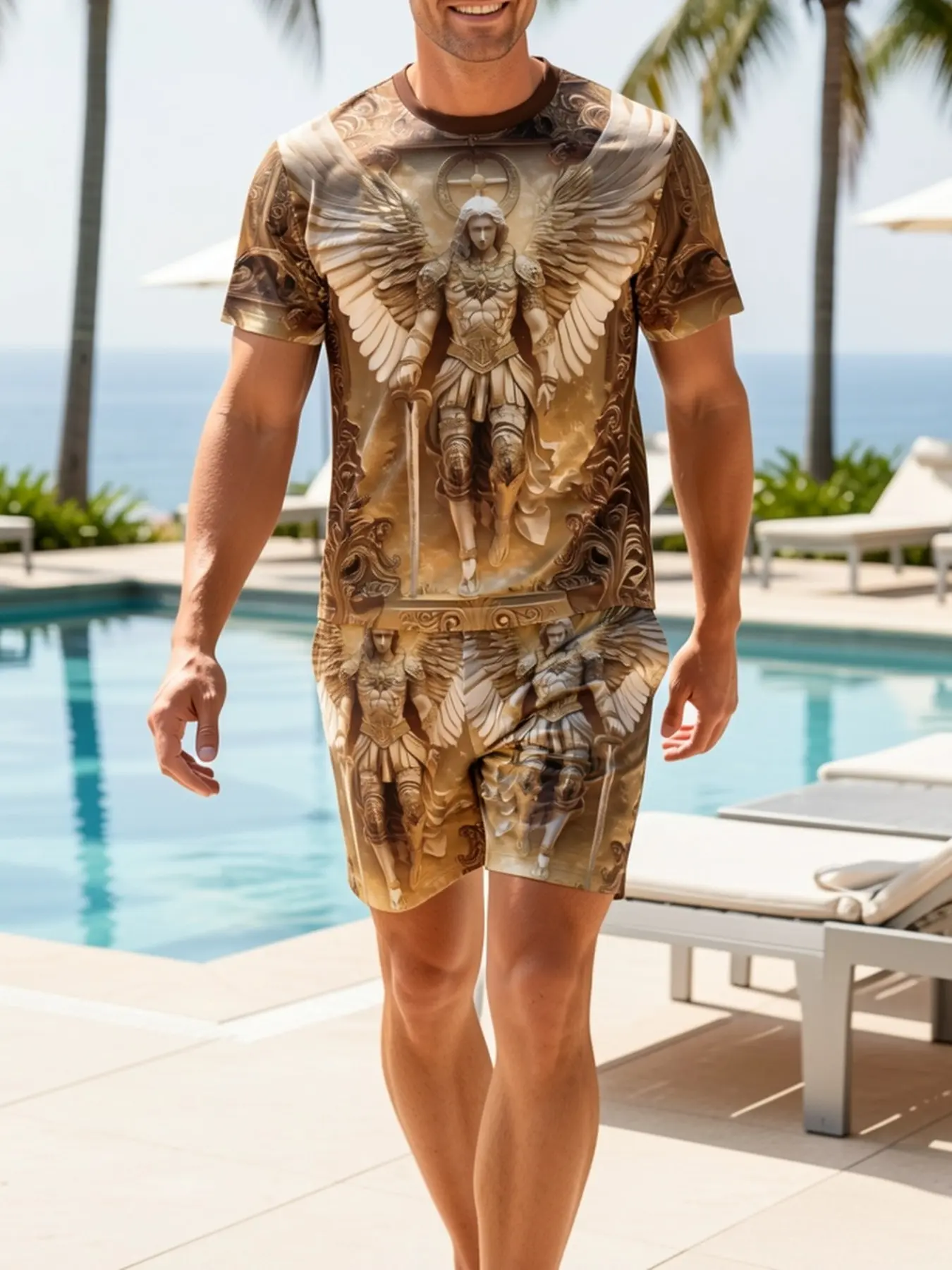 Men 2 Piece Angel Warrior Print Outfit Summer Short Sleeve T-Shirt Matching Drawstring Shorts Set Vintage Religious Streetwear Tracksuit