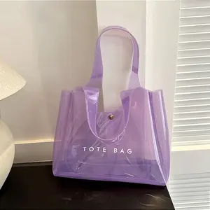Women's Transparent PVC Tote Bag - Waterproof, Large-Capacity Shoulder Purse, Stylish Color-Block Carryall Bags for Stadium Events, Beach Days, Daily Use