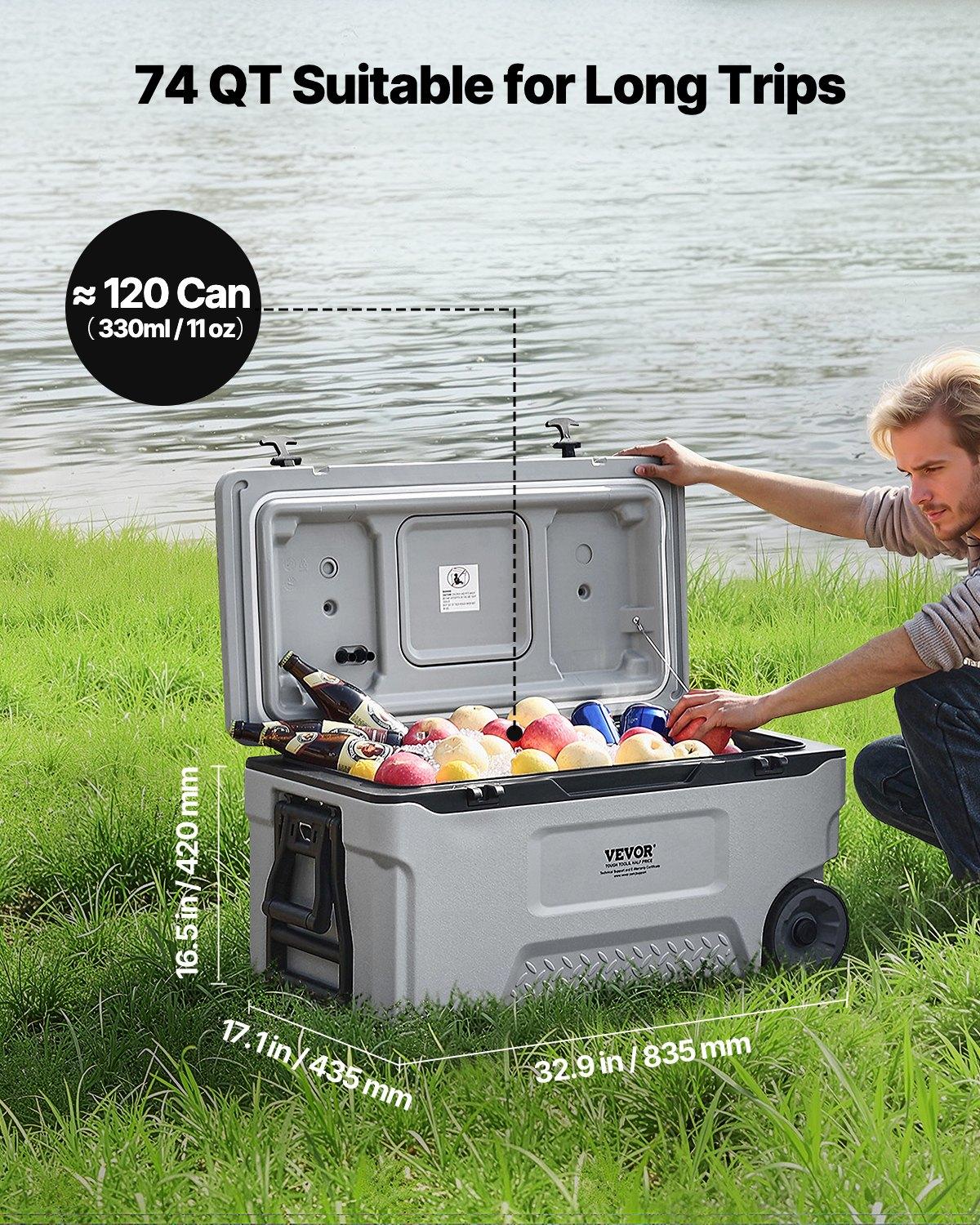 VEVOR Portable Cooler, 74 QT Wheeled Cooler with Ice Retention, Heavy-Duty Handles and Cup Holder, Lightweight Rigid Material Insulated Portable Cooler, Suitable for Family Picnics and Long Trips