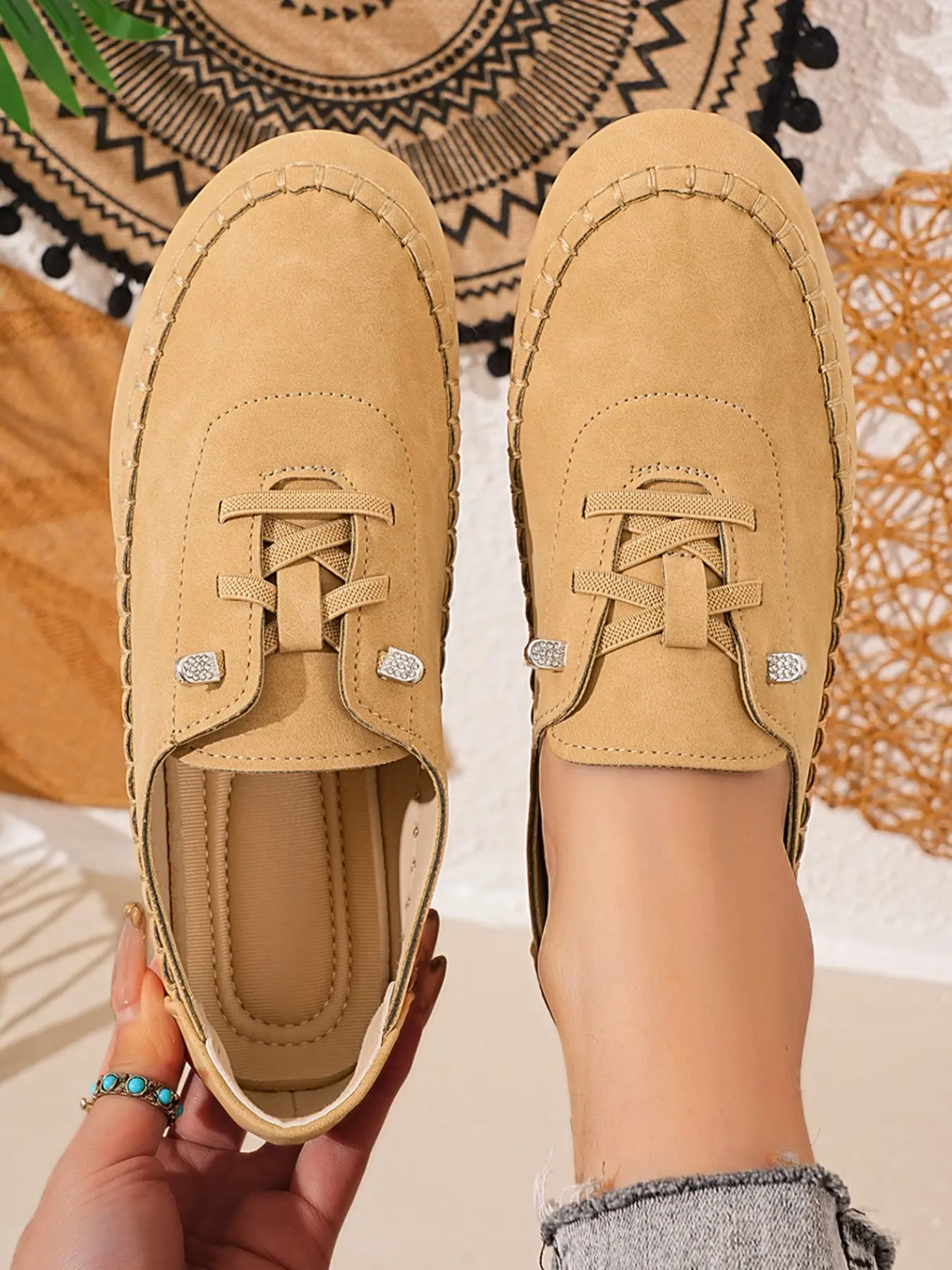 Women Matte Suede Lace Up Moccasins, Hand Stitching Round Toe Flat Driving Shoes, Walking Shoes, Blue Casual Loafers, Comfortable and Stylish Footwear, Flat Summer Shoes