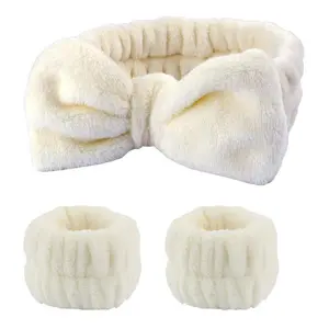 Cute Facial Washing Accessories for Women and Girls, 1-Count Bowknot Decor Headband and 2-Count Wrist Bands, Headband Set, Soft Face Washing Bands for Daily Use, Skincare Tools #GLOBAL PICKS