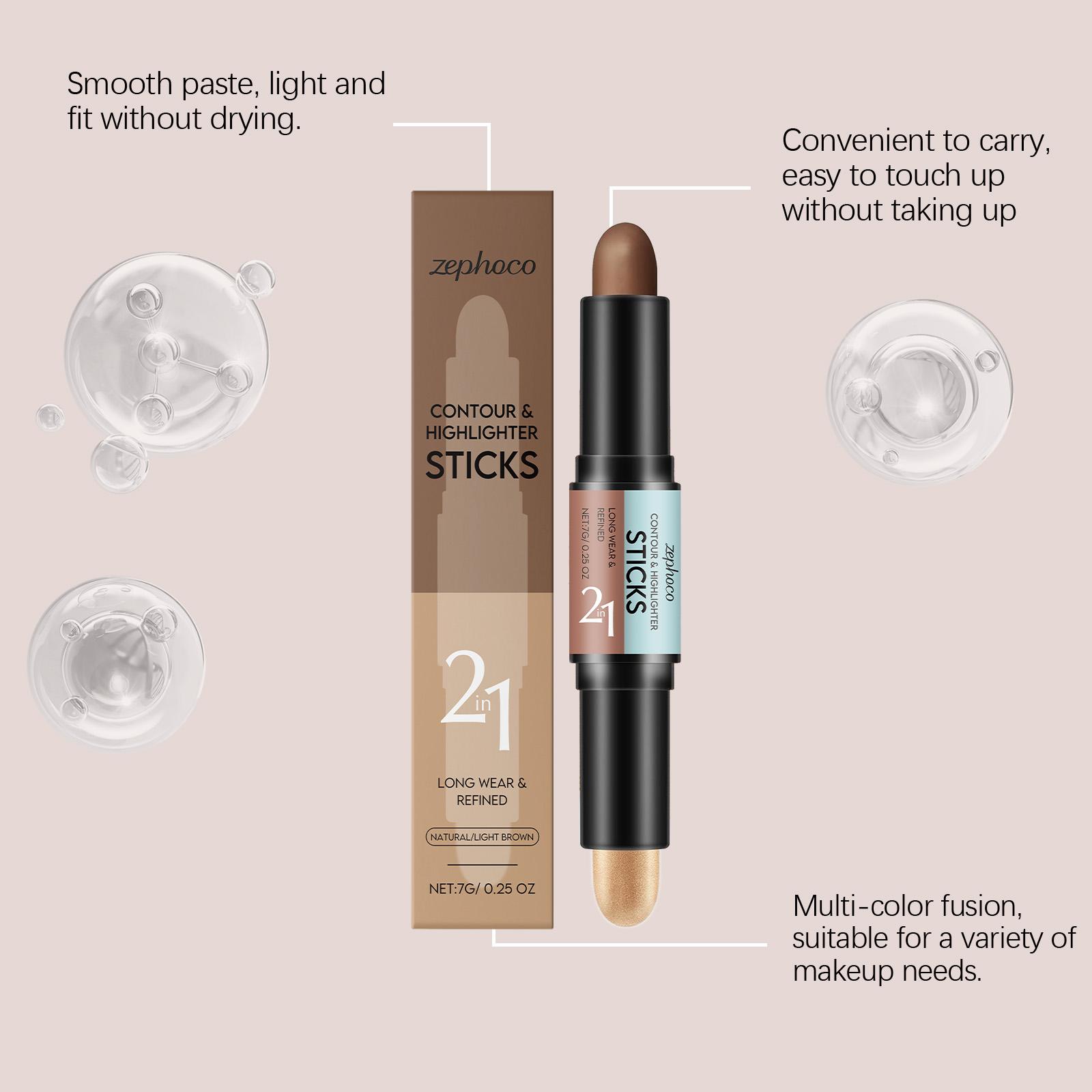 zephoco Natural Color + Light Brown 2-in-1 Contour and Highlight Stick Convenient Dual-Head Design Contour Highlight Stick