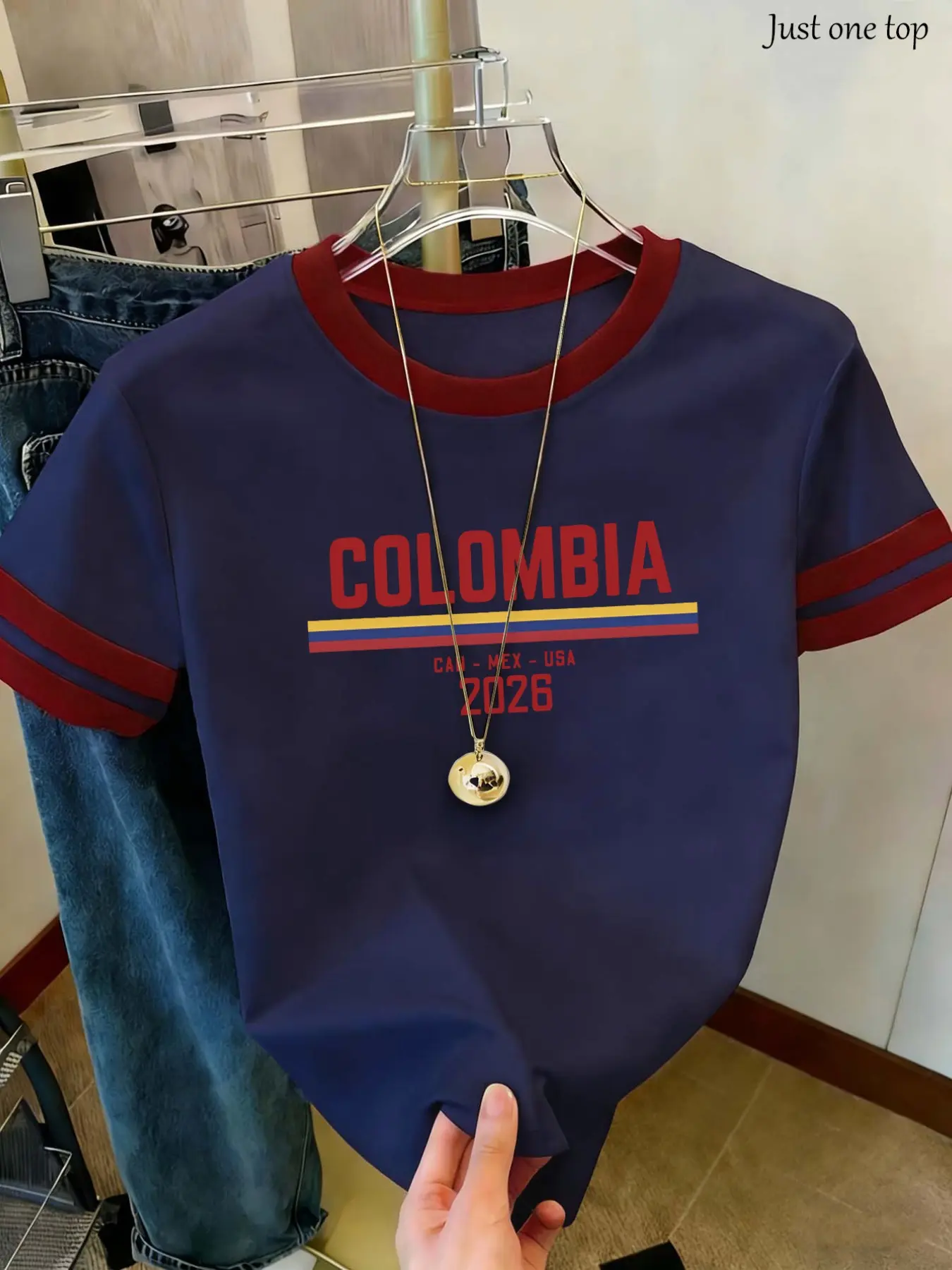 2026 American Retro Colorblock Round Neck Short Sleeve T-Shirt, Casual Letter Print Women's Top, All Seasons, Loose Fit, Sporty Style