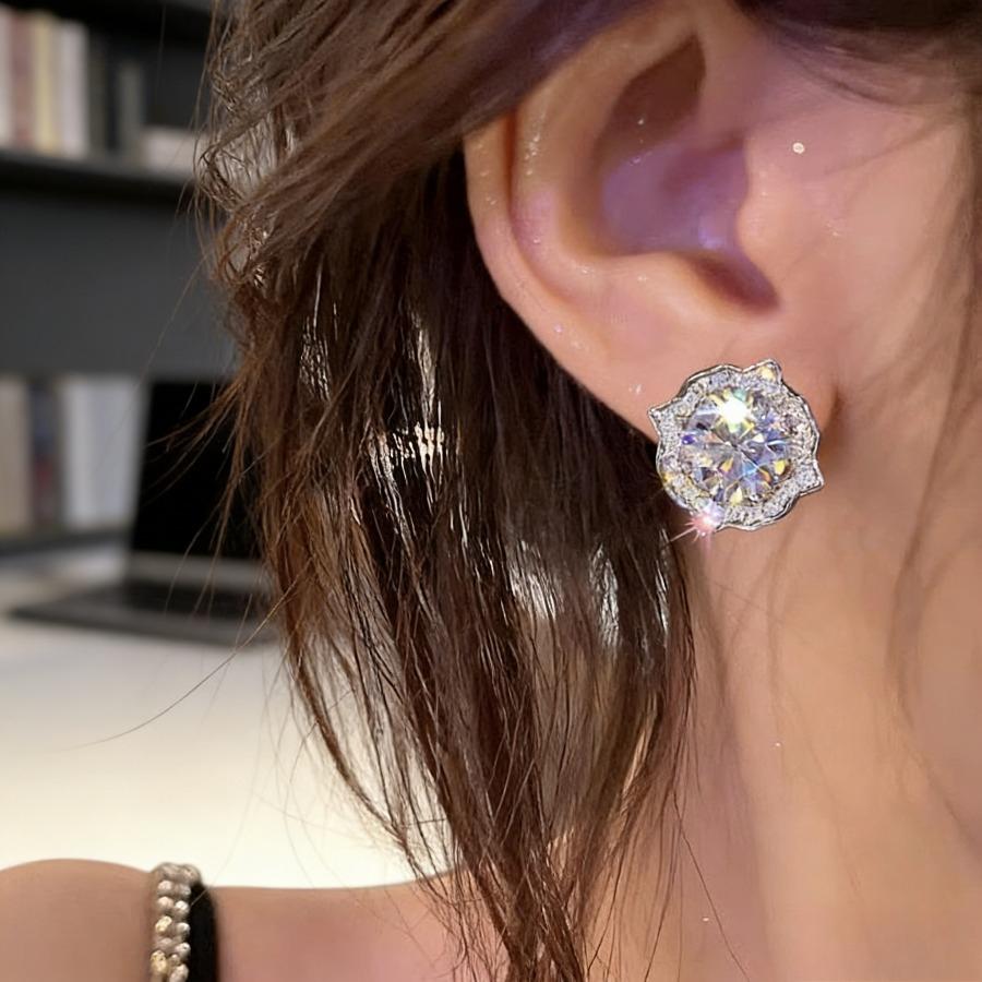 Bling Elegant Zirconia Inlaid Flower Stud Earrings - Silvery-Plated Women's Jewelry, Ideal for Daily Wear & Dating, Perfect Valentine's Day Gift