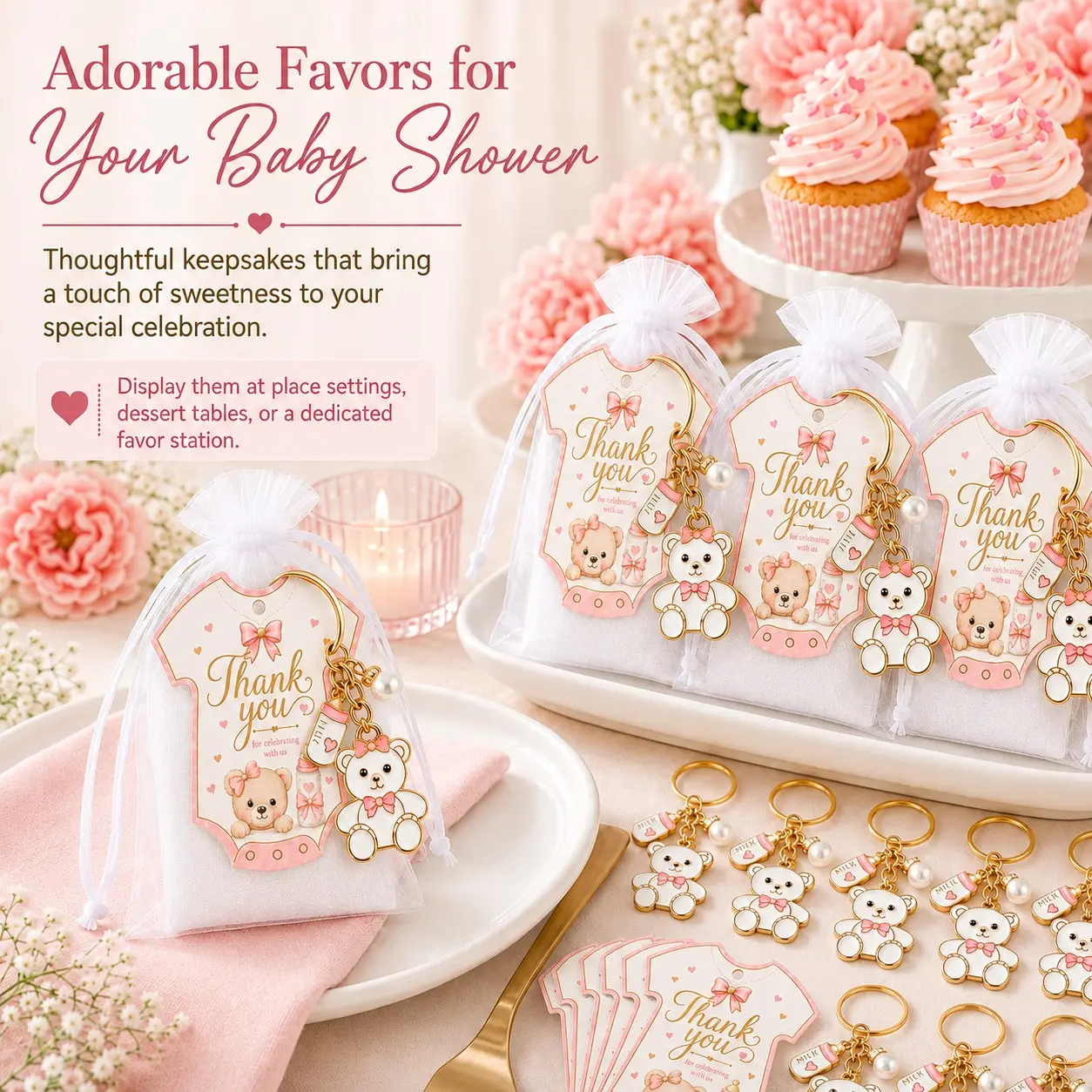 10/20sets Baby Boy & Girl Teddy Bear Keychain Baby Shower Favors, Cute Bear & Baby Bottle Charm Keychains with Thank You Cards and White Organza Bags, Baby Shower Guest Gifts, Boy or Girl Styles Available