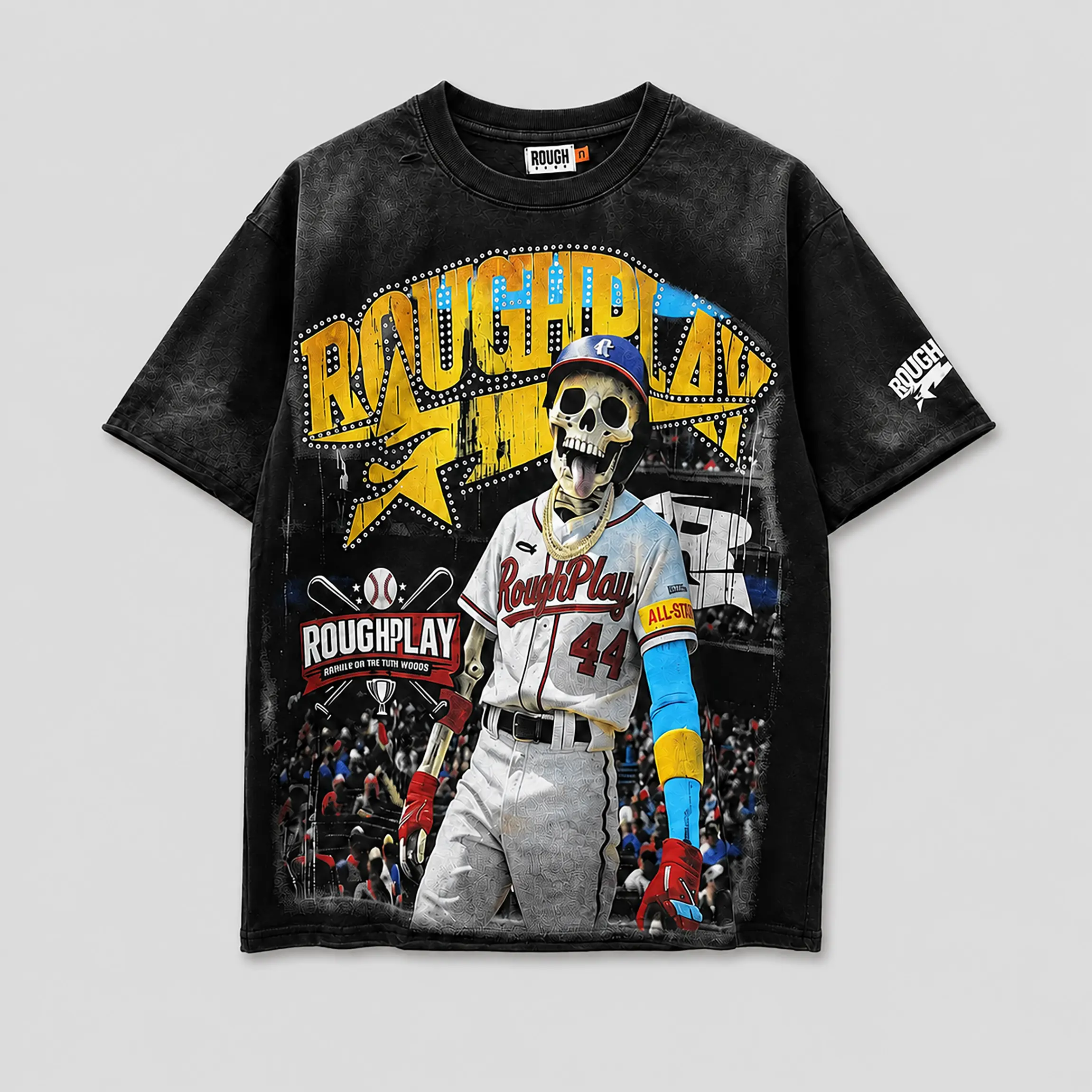 Roughplay Distressed Washed Oversized Graphic T Shirt Rhinestone Letter Gothic Skeleton Rock Hand Globe Logo Print Cotton Short Sleeve Y2K Grunge Hip Hop Vintage Streetwear Tee 2026 Summer Music Festival Unisex Halloween Top Menswear Cargo