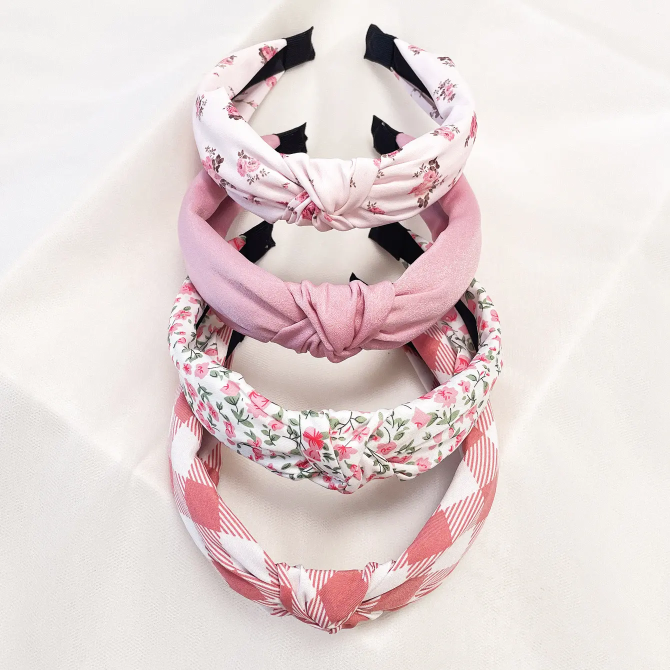 4 Pack Twist Knot Wide Headbands for Women, Woven Floral Print & Gingham Hair Bands, Anti-Slip for Skincare & Daily Wear, Cottagecore, Floral Prints