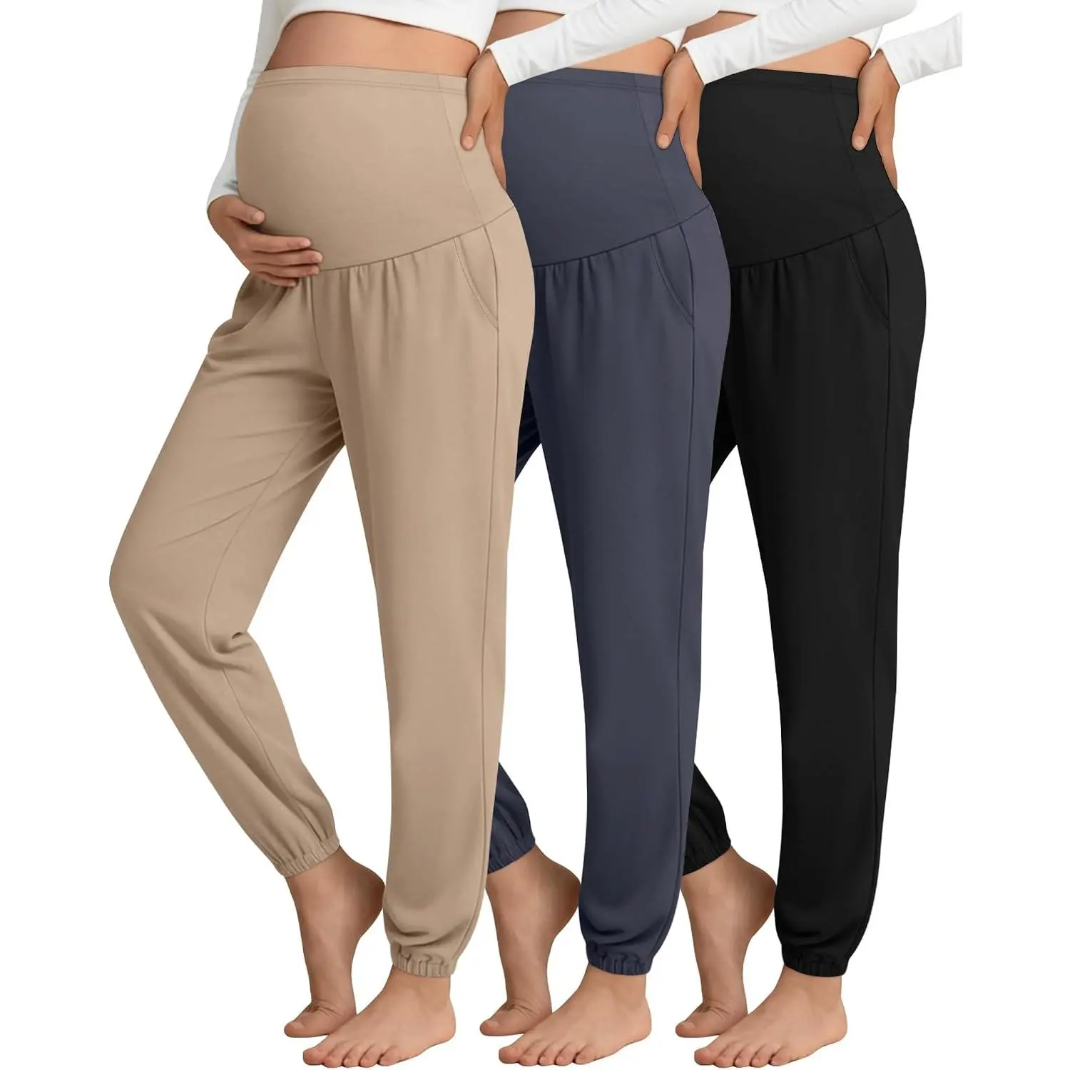 Women's 3-Pack Maternity Jogger Sweatpants - Over the Belly, Stretch, Spandex Mix, Stretchy, with Pockets (Khaki, Haze Blue, Black, Large), Over Belly, Polyester Blend, Pregnancy Must Haves, Casual Wear, Cotton Blend