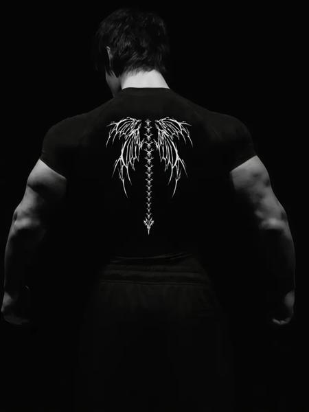 Gothic Style Men's Black Gym Shirt – Metallic Letter & Spine Wing Design, High-Stretch Slim Fit Workout Top, Ideal for Gym, Training & Casual Wear, Muscle-Enhancing Sportswear, Gothic Aesthetic Fitness Tee, Bodybuilding Fitness Tee