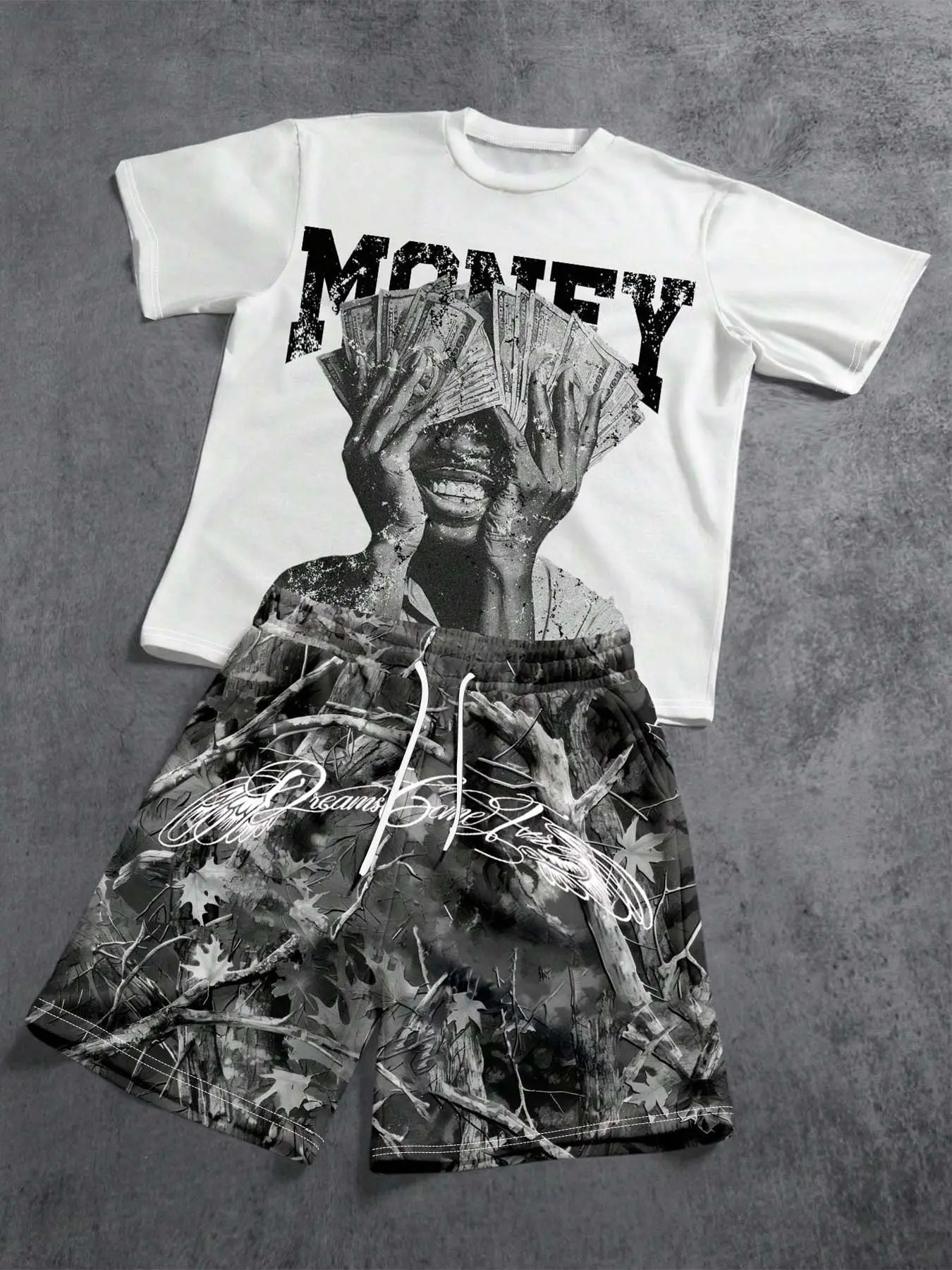 Vintage Portrait Short Sleeve Tee and Camo Shorts Set, Graphic Print, Casual Street Style, Breathable Fabric, Summer