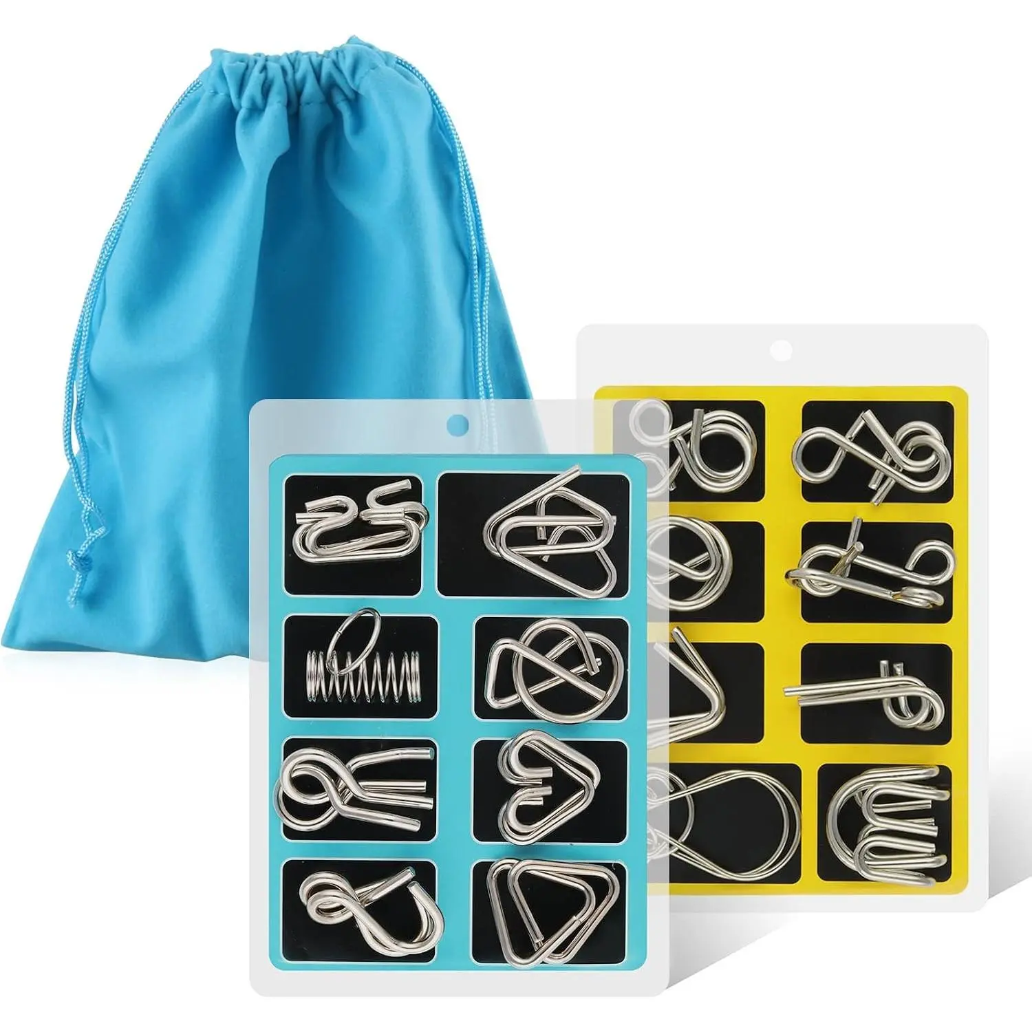 Metal Wire Puzzle Set of 16 with Pouch, Brain Teaser IQ Test Disentanglement Iron Link Unlock Interlock Game Chinese Ring Magic Trick Toy for Party Favor Kids Adults Challenge