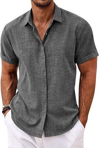 European and American Men's Linen Shirt Short-Sleeved Casual Button-Up Top for Beach Summer Vacation Menswear