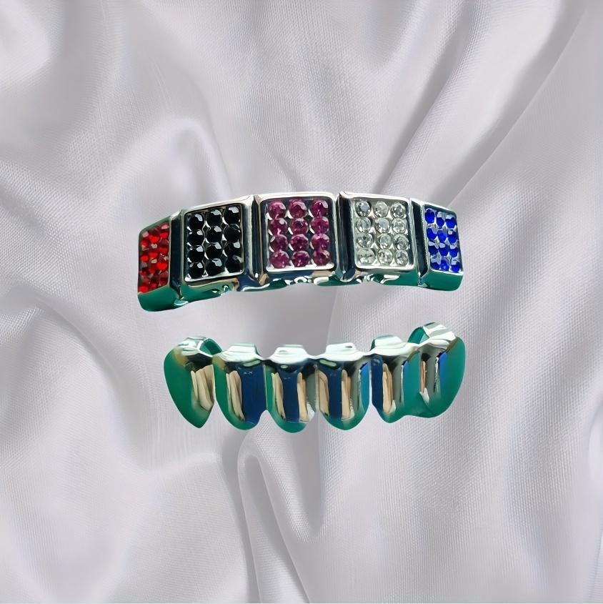 2 pcs Gothic Hip-Hop Style Colorful Zirconia Teeth Grillz - Halloween Jewelry for Men and Women, Halloween Accessories | Bold Fashion Accessory | Durable Zirconia Teeth Grillz