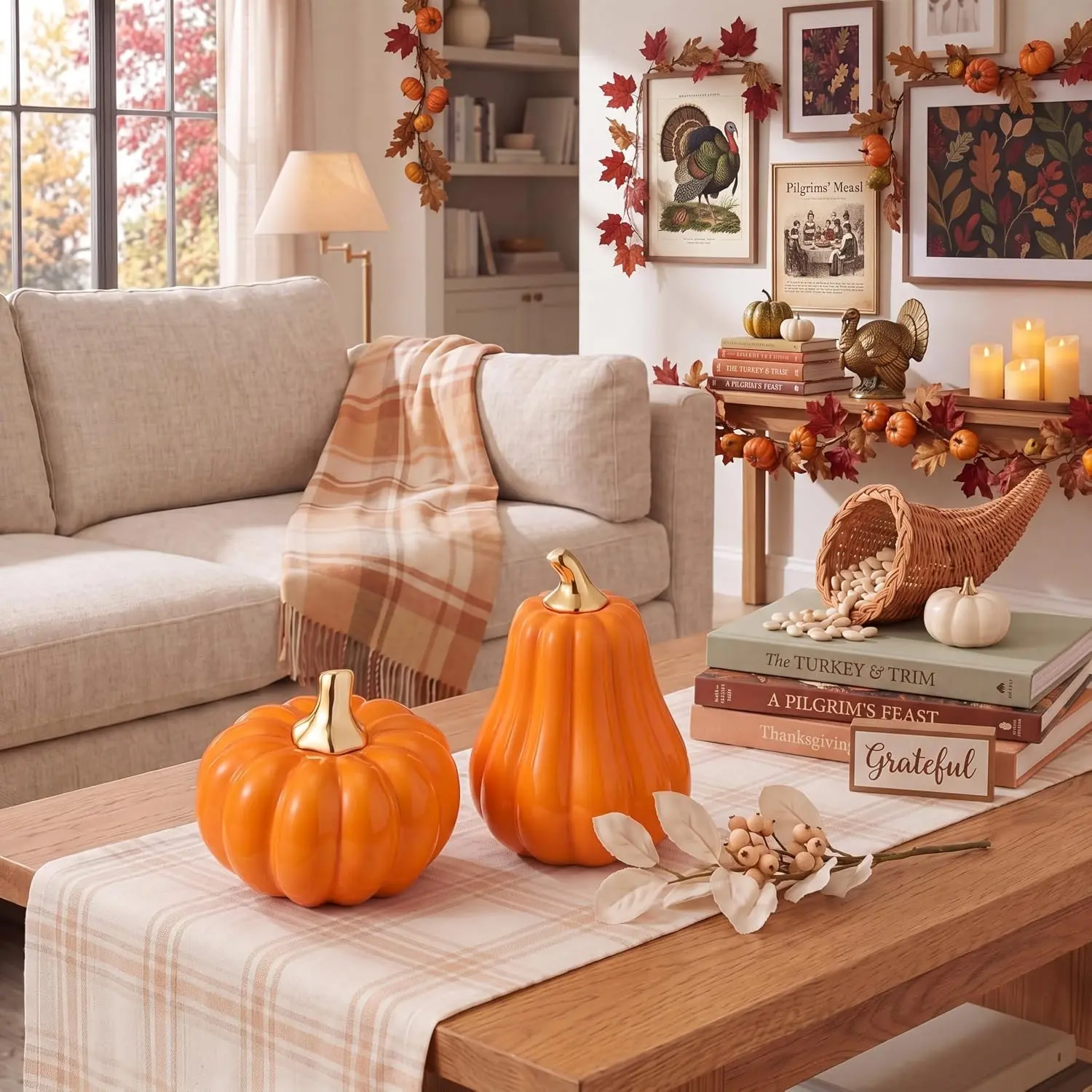 Glossy Ceramic Pumpkin Decorative Ornament, Gold Stem Design, Options, Halloween Christmas Tabletop Home Decoration, Centerpiece