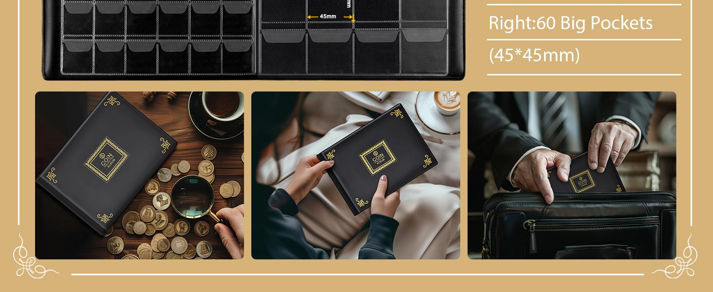 Coin Collection Supplies Holder Book for Collectors, 300 Pockets Coin Collection Organizer Storage Box Case Album for 20/25/ 27/30/ 38mm Coin (Earth pattern black)