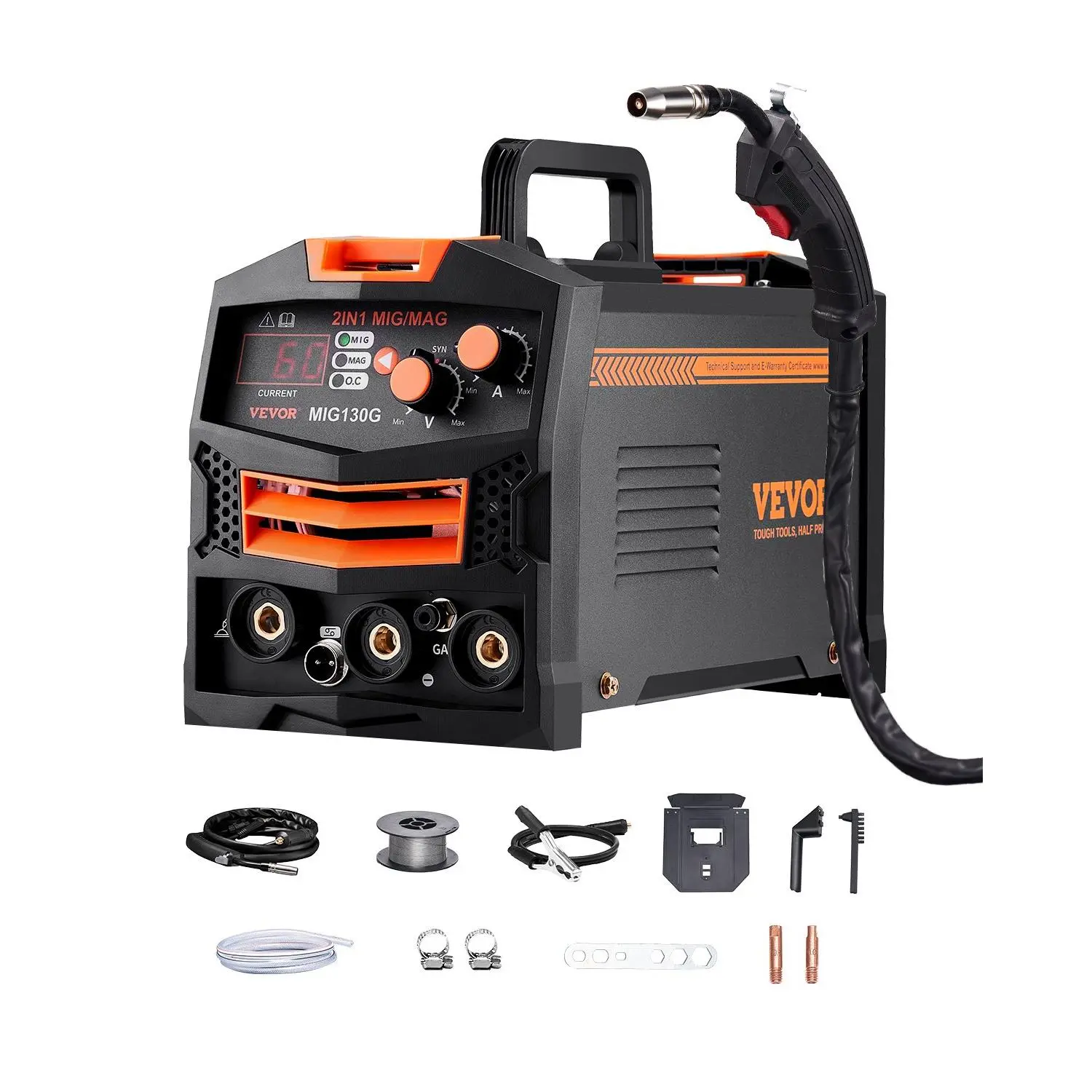 VEVOR MIG Welder, 130A Synergic Mig Welding Machine, 2-in-1 Gas MIG/Gasless Flux Core MIG Multi-Process Welder Machine, 110V Portable Mig Welder with IGBT Inverter Technology Digital Display Screen