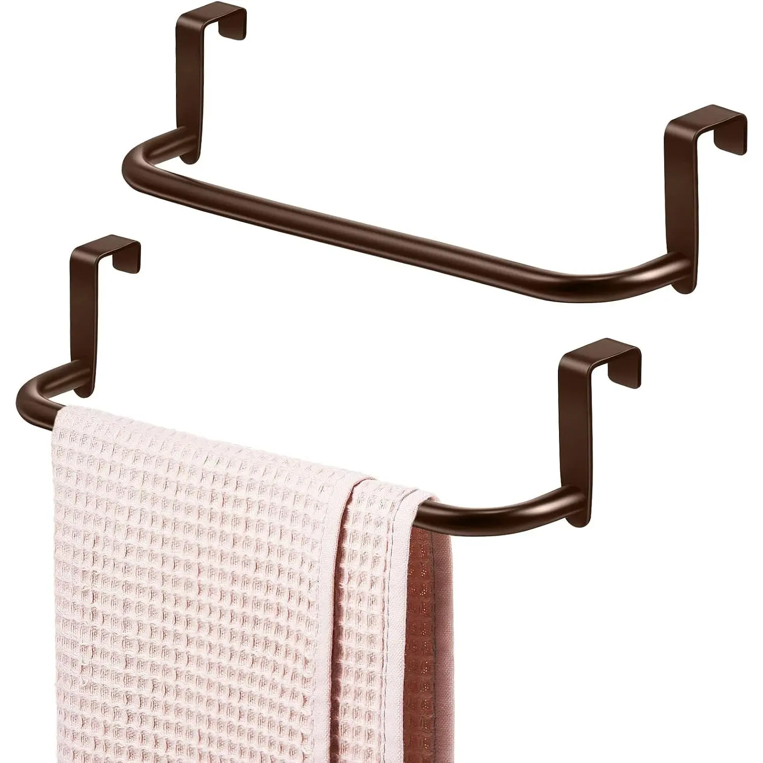 2-Count Hollow Anti-Rust Metal Towel Bar, Steel Towel Rack That Hangs Over Door, for Kitchen Cabinets, Kitchen or Bathroom Use (Brown), Multi-Piece Set Towel Holders
