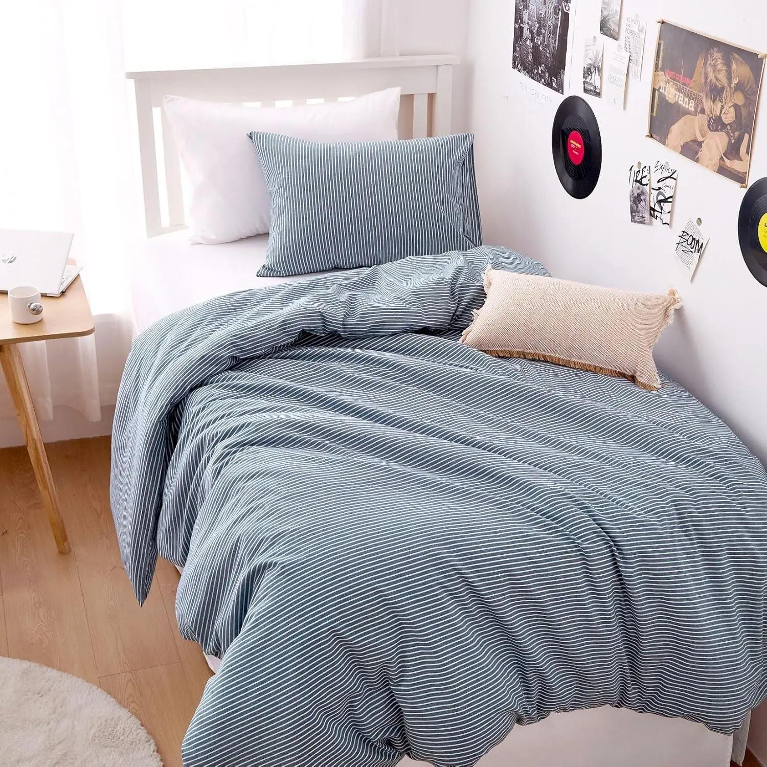 Denim Blue Twin/Twin XL 3-Piece 100% Washed Cotton Striped Duvet Cover Set - Ticking Pinstripe Farmhouse Textured Bedding with Corner Ties, Zippered Closure