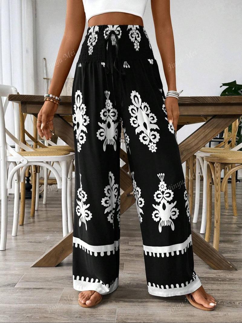Women's Ethnic Pattern Shirred Tie Front Wide Leg Pants, Boho Style Comfy High Waist Trousers for Daily Holiday Vacation Wear, Ladies Casual Chic Bottoms for All Seasons