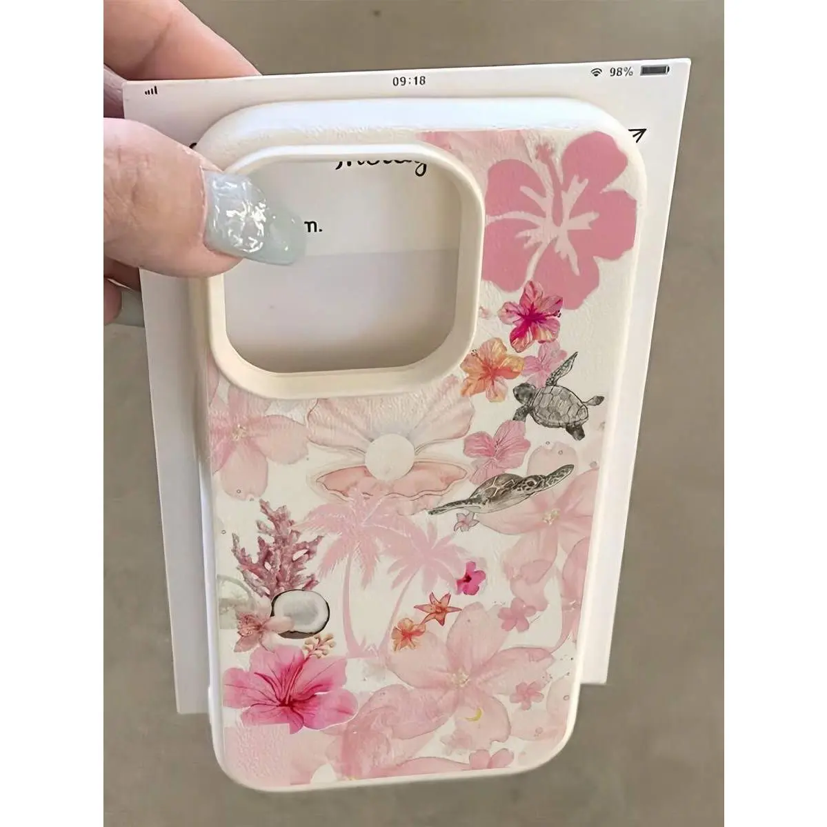 Pink White Leather Ocean Element Fashion Phone Case , Sea Turtle, Coconut, Orchid, Coral, Pearl Shell, Palm Tree Pattern Phone Case, Compatible With Iphone 17/16/15/14 Plus,Air, Series, International Version, Not The Domestic Version Spring Gift Party